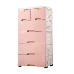 a pink and white chest of drawers on wheels