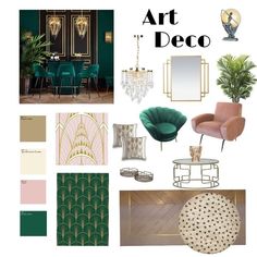 an art deco mood board with green chairs, gold chandeliers and pink accents