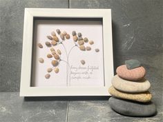 a white frame with some rocks and a plant in it next to a rock stack