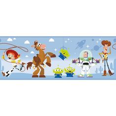 the toy story wallpaper border is shown with cartoon characters and their names on it