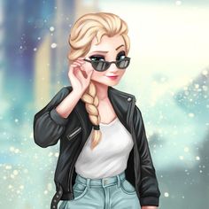 a woman with blonde hair wearing sunglasses and a black jacket is standing in the snow