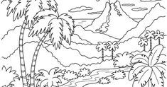 a tropical scene with palm trees and mountains in the background, outlined in black and white