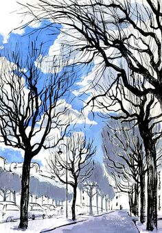 a painting of trees and snow on a sunny day