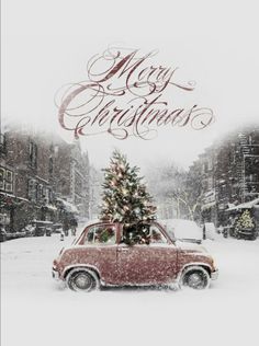 a red car with a christmas tree on the hood driving down a snow covered street