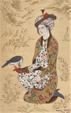 a woman sitting on the ground with a bird in her hand and another bird standing next to her