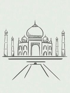 the tajwa mosque in india is drawn with black and white ink on a light gray background