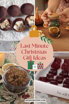 the last minute christmas gift ideas are in this collage, including chocolates and cranberries