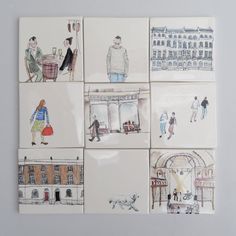 four ceramic tiles depicting people walking and shopping in different cities, each with an individual's drawing on them