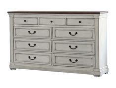 a white dresser with many drawers and handles on it's sides, against a white background