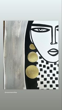 an abstract painting with gold circles on it's face and black and white background