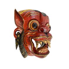 "Balinese Red Monkey Mask, hand carved from albesia wood and hand painted. This fierce mask is the depiction of a Monkey Soldier from Lord Hanuman's Monkey Army. He has huge fangs and is wearing black gauged earrings on his pointy ears. This is is a fun mask, and will make a fantastic addition to any mask collection, or as part of your eclectic decor. Each mask my be slightly different in expression and paint placement, this is not a flaw but a reflection of the handcrafted origins of this uniqu Paint Placement, Emoji Mask, Monkey Mask, Red Monkey, Mask Collection, Unique Masks, Red Ape, Pointy Ears, A Monkey