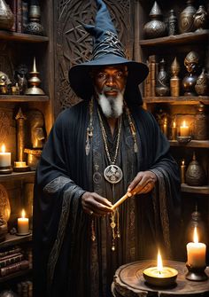 an old wizard standing in front of a shelf with candles