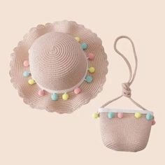 Pink baby straw hat and purse set