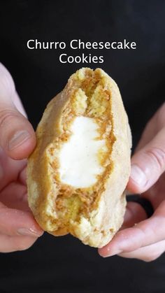 a person holding a pastry in their hands with the words churro cheesecake cookies