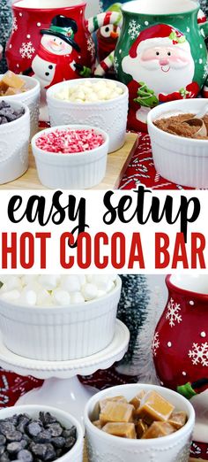 easy setup hot cocoa bar recipe for christmas or new year's eve with marshmallows and chocolate