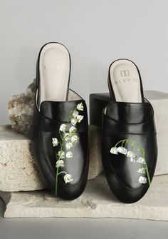 Lily Mule | Over The Moon Winter Gold, Shoes Trends, Black Mule, Black Lotus, Hand Painted Leather, S Monogram, Footwear Collection, Gold Snake, Shoe Art