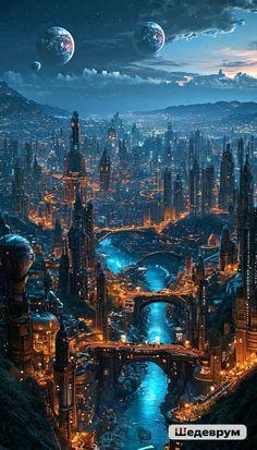 an image of a futuristic city at night with planets in the sky and water below