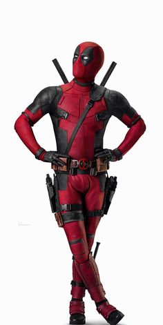 a man in a deadpool costume is standing with his hands on his hipss