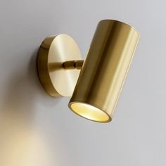 a gold wall light on a white wall with a dimmer in the corner and one light turned on