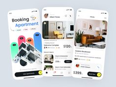 three mobile app screens showing different rooms and furnitures on the same page, one is for rent