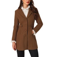 This women's winter coat boasts a timeless notched lapel that exudes sophistication and elegance. The single-breasted button-down front adds a touch of refinement to any outfit. A must-have option for the new season, add new styles to your wardrobe. Featuring a soft lining and comfortable fit, this winter coat is perfect for those who want to stay warm without sacrificing comfort. It's designed to keep you cozy, even on the coldest of days. Can be dressed up or down. Pair it with jeans and ankle Winter Collared Blazer With Buttons, Brown Single Breasted Outerwear For Office, Classic Pea Coat With Button Cuffs For Office, Classic Office Pea Coat With Button Cuffs, Elegant Brown Blazer With Button Cuffs, Fall Outerwear With Button Closure And Suit Collar, Fall Outerwear With Suit Collar And Button Closure, Winter Pea Coat With Button Closure And Suit Collar, Brown Pea Coat With Button Closure For Work