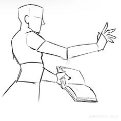 a drawing of a man holding an open book in one hand and pointing at it