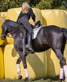 a woman riding on the back of a black horse next to yellow hay bales