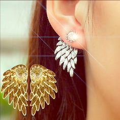 Women's Angel Wings Ear Studs Earrings Gold Plated. New Angel Earrings, Angel Wing Earrings, Ear Jacket Earring, Alloy Earrings, Wing Earrings, Crystal Stud Earrings, Rhinestone Earrings, Ear Studs, Gold Earrings Studs