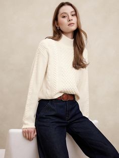 Cable Turtle-Neck Sweater | Banana Republic Factory Turtle Neck Outfit Women Work, Turtle Neck Outfit Women, Short Cowboy Boots, Cable Knit Turtleneck, Deep Autumn, Sweater Turtleneck, Cable Knit Turtleneck Sweater, Crochet Clothing, Knit Turtleneck