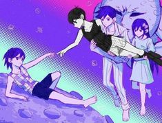 an anime scene with three people sitting on the ground and one person reaching for something