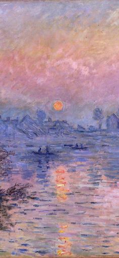 a painting of the setting sun over water