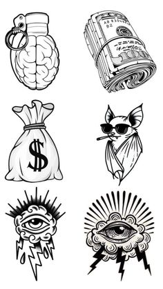 six different tattoo designs with money bags and eyeballs on the front, one in black and white