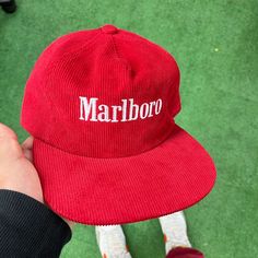 New Supreme Condition Red Colorway Embroidered White Logo Text Front Embroidered Marlboro Front Graphic Corduroy Fabric Seamed Brim Snap Closure Design Casual Red Embroidered Hat, Red Embroidered Cotton Hat, Vintage Hat Outfit, Corduroy Hat, Closure Design, Country Fashion, Aesthetic Boy, Logo Text, Corduroy Fabric