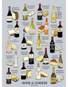 wine and cheese poster with the names of different wines in each bottle, including one that contains