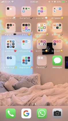 an image of a bed with many app icons on the wall above it and in the background