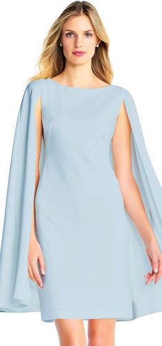 Structured Cape Sheath Dress Chic Cocktail Dress, Blue Cape, Cape Sleeves, Aqua Dress, Straight Dress, Cape Dress, Midi Dress With Sleeves, Crepe Fabric, Mother Of The Groom