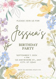 Easy to customize birthday party invitation - beautiful, flower theme. Feel free to edit then print these on parchment paper as a greeting card, party invitations, or even use them as thank you notes! So versatile! Flower Theme Birthday Party Invitations, Floral Birthday Invitations Template, Flower Birthday Party Invitations, Bday Vibes, Flower Birthday Invitations, Flower Birthday Party, Floral Birthday Invitations, 60th Birthday Invitations, Card Party