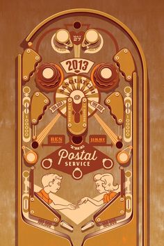 a poster with two men shaking hands in front of an arch that says postal service