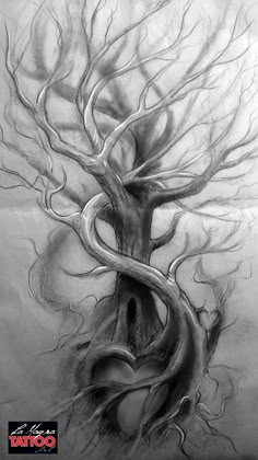 a pencil drawing of a tree with its roots curled in the shape of a heart