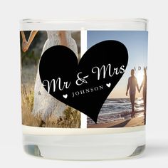 a personalized candle is shown with two photos in the shape of a heart