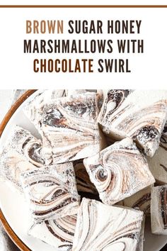 brown sugar honey marshmallows with chocolate swirl on a white plate and text overlay