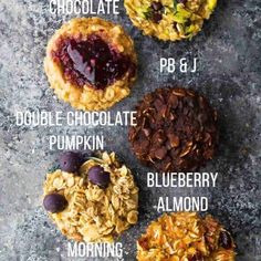 four different types of cookies with chocolate, oatmeal and blueberry toppings