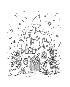 a coloring page with an image of a house in the snow and stars around it