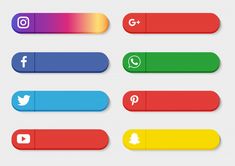 different colored buttons with social icons on them