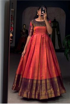 Saree Stitched Gown, Traditional Gowns For Women, Saree To Umbrella Kurti, Anarkali Umbrella Dress, Sari One Piece Dress, Patu Saree Long Frocks, Long Frock From Saree, Saree Frock Dresses For Women, Saree To Frock Designs For Women