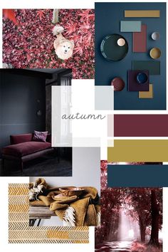 a collage of different colors and shapes with the word autumn written in white on it