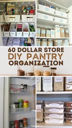 an organized pantry with white bins and brown labels on the bottom, labeled dollar store diy pantry organization