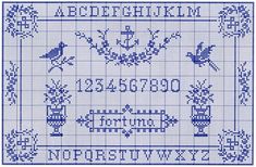 a blue cross stitch pattern with the words'welcome home'and two birds on it