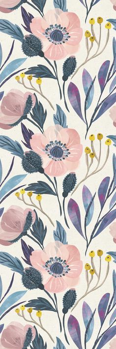 a floral wallpaper with blue, pink and yellow flowers on it's sides