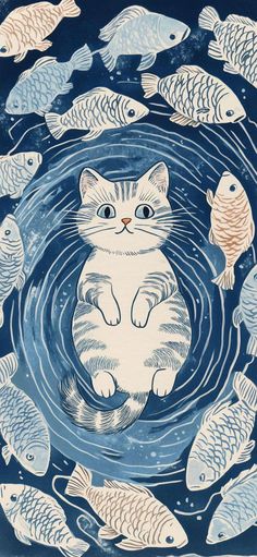 a cat is sitting in the middle of a group of fish